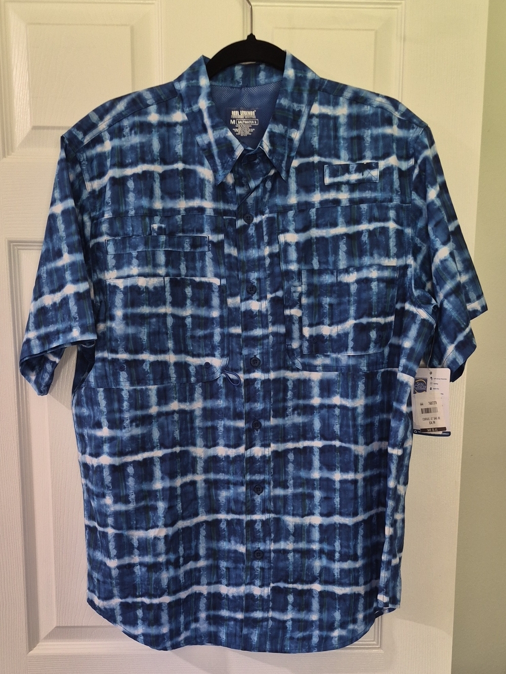 NWT Reel Legends Saltwater Tie-Dye Grid Short Sleeve Button-Down Medium Shirt